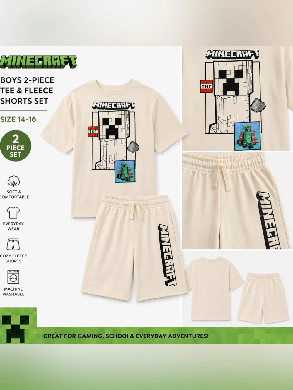 Minecraft Boys Graphic Tee & Fleece Shorts Set | Size 14-16 | 2-Piece | NWT